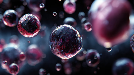 Floating shapes in three dimensions create an abstract representation of wine molecules against a dark backdrop, showcasing rich colors and lights.の素材