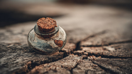A glass bottle with a cork stands on a weathered wooden table, showcasing cracked surfaces and organic earthy details in soft lighting.の素材