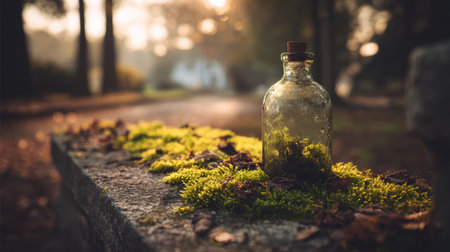 A bottle stands on a stone slab, embraced by fresh moss in the warm glow of the early morning sun. Nature creates a serene setting.の素材
