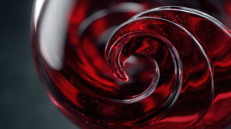 Red wine is captured in a swirling motion within a glass, showing its rich color against a dark background with gentle reflections.の素材