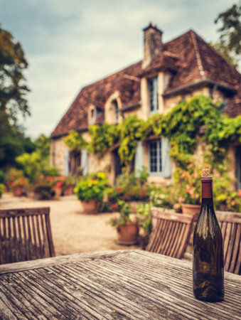 A rustic farmhouse surrounded by vines features a bottle resting on a wooden table, creating a warm, inviting atmosphere.の素材