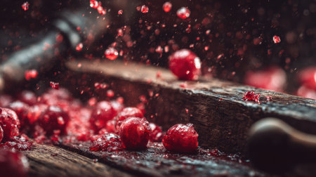 Fresh grapes are crushed for wine against a dark rustic background, capturing the essence of artisan craftsmanship in winemaking.の素材