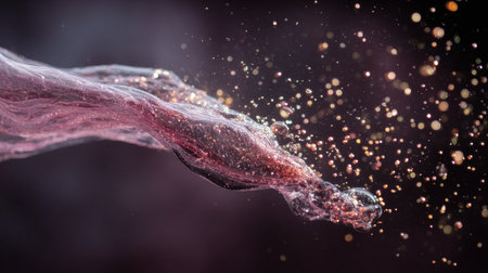 A stunning abstract wave inspired by red wine flows gracefully, featuring sparkling elements and rich colors for a mesmerizing effect.の素材