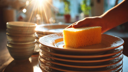 In a cozy kitchen, a person uses a yellow sponge to wash dishes, sunlight creating beautiful reflections on clean plates stacked nearby.の素材
