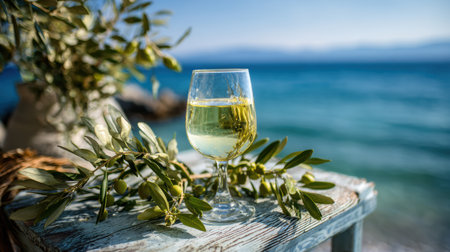 A glass of wine rests on a rustic table adorned with olive branches, overlooking the tranquil blue sea under bright sunshine.の素材