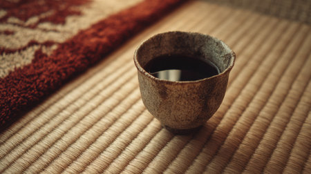 A rustic ceramic cup filled with rich wine sits on a tatami-inspired surface, creating a warm atmosphere perfect for relaxation in the evening.の素材