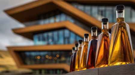 Stunning wine bottles in front of a chic industrial winery at dusk blend tradition with innovation.の素材