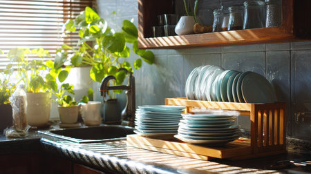 Bright sunlight streams into a cozy kitchen where clean dishes are neatly arranged on a wooden drying rack, surrounded by green plants.の素材