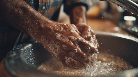 Hands covered in soap foam wash dishes in a kitchen sink, creating water splashes while cleaning up after a meal at home.の素材