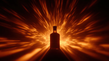 Golden rays shine dramatically behind a bottle silhouette, enhancing its visual impact in a captivating marketing scenario.の素材