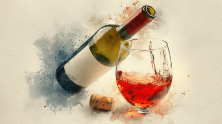 Soft hues depict a wine bottle and glass with a joyful splash, evoking a sense of artistic elegance and leisure.の素材