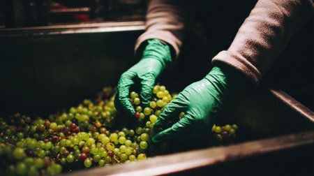 Hands in green gloves sort fresh grapes, ensuring only the best quality grapes are selected for processing in a clean environment.の素材