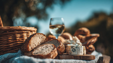 A picnic basket filled with fresh bread and cheeses sits on a sunny table, complete with a glass of wine, ideal for relaxation.の素材