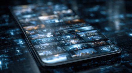 Smartphone showcases diverse digital content with vivid multimedia elements reflecting in a dark, modern environment.の素材