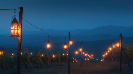 A serene vineyard evening features glowing lanterns illuminating the lush rows of grapevines, creating a magical celebration atmosphere.の素材