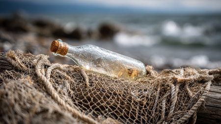 A bottle lies on a fishing net with waves gently crashing in the background, capturing a coastal rustic atmosphere.の素材