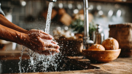 Hands covered in soap foam are cleaning dishes at a kitchen sink, with water splashing and a warm atmosphere surrounding the scene.の素材