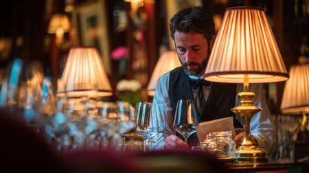 Bartender is carefully polishing wine glasses in an elegant bar scene, surrounded by soft golden lights and a rich ambiance.の素材