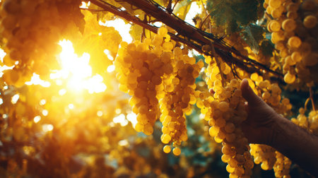 A skilled artisan gently touches clusters of ripe grapes, capturing the essence of a luxurious harvest during sunset.の素材