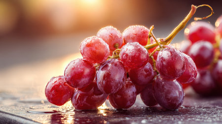 Bunch of red grapes glows with a golden backlight, highlighting their juicy texture and freshness in a peaceful evening setting.の素材