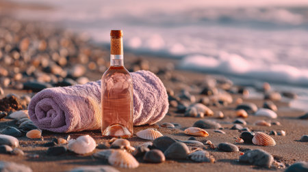 Ros wine beside a soft towel on a sandy beach, amidst stones and shells, with a calm sea breeze and a pastel sunset in the background.の素材