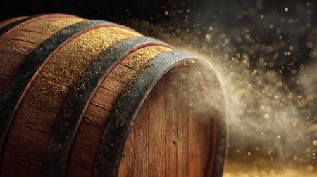 Strong contrast lighting highlights a premium barrel releasing golden dust into the air, creating a captivating visual effect.の素材