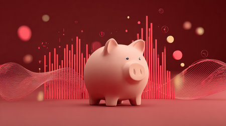 A clay piggy bank sits in a colorful setting with abstract graphs in the background, illustrating financial growth and savings concepts.の素材