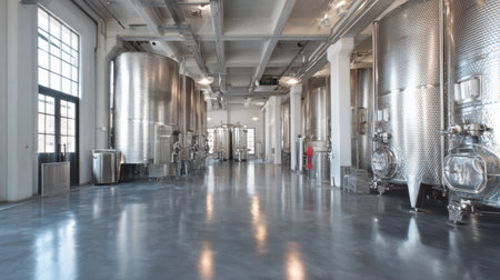 This modern winery boasts polished steel floors and cutting-edge fermentation tanks, offering a sleek and innovative winemaking space.の素材