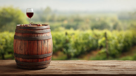 A rustic wooden barrel holds a glass of red wine as a lush vineyard stretches in the background under soft natural light.の素材