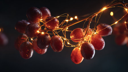 Grapes glow softly amidst tiny golden fairy lights, creating an enchanting atmosphere during a peaceful night scene.の素材