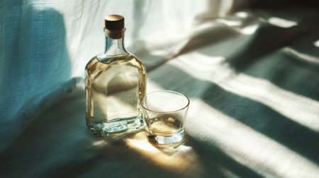 In a soft light setting, a bottle and a glass rest on a surface, highlighting a calm and airy mood perfect for relaxation.の素材