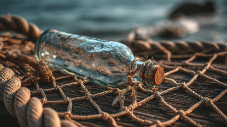A clear glass bottle lies on a fishing net against a beautiful seaside backdrop, highlighting a serene coastal scene at dusk.の素材