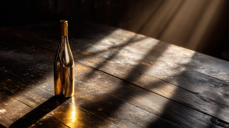 An exclusive vintage wine bottle rests on a dark wooden table, illuminated by soft golden light, creating a premium and moody atmosphere.の素材
