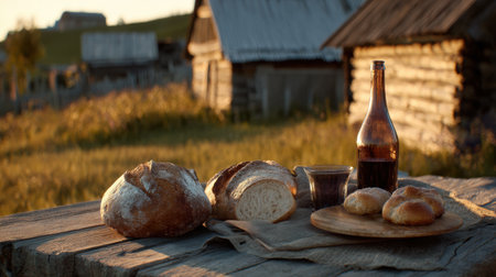 A rustic breakfast scene features bread and wine on a wooden table in the warm glow of morning light in a tranquil rural setting.の素材