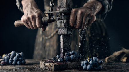 Hands crush ripe grapes for wine, showcasing a rich artisan process in a dark, rustic setting, emphasizing tradition and craft.の素材