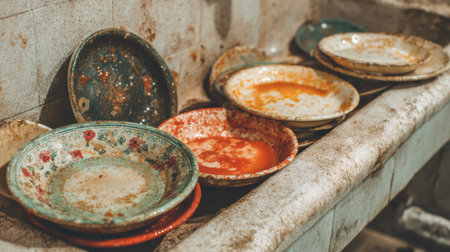 Dirty plates filled with tomato sauce and water stains sit piled in a sink, indicating a recent meal and the need for cleaning.の素材
