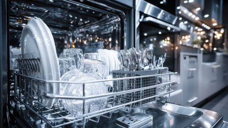 A sleek dishwasher is loaded with clean plates, glasses, and cutlery in a shiny kitchen, showcasing modern design elements and lighting.の素材