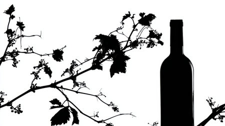 Vineyard branch creates a striking silhouette against white background, with a wine bottle in the foreground highlighting the art of winemaking.の素材