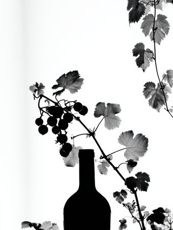 Vineyard branch and grapes create a striking silhouette against white, with a bottle positioned prominently in the foreground.の素材