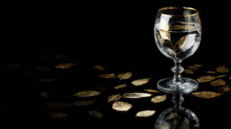 A wine glass filled with water rests on a black reflective surface, surrounded by scattered gold leaf, creating a sophisticated ambiance.の素材