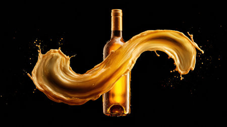 A wine bottle sits at the center, with a bright splash of liquid gold forming an elegant arc around it, highlighting its shape.の素材
