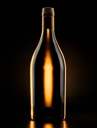 A wine bottle shines with warm golden light, creating an elegant contrast with the surrounding dark background.の素材