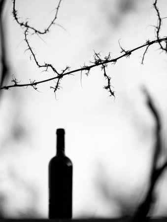 A vineyard branch is silhouetted in black against a white backdrop, featuring a wine bottle positioned in the foreground.の素材