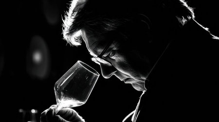 A winemaker inspects a glass of wine in a cellar, highlighting the careful attention and passion for his craft in low light.の素材