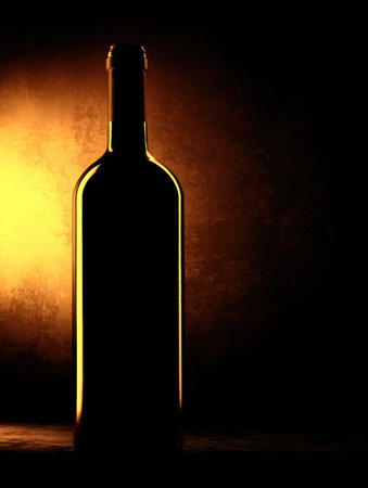 Soft golden light gently highlights a wine bottle, creating an elegant contrast with the pitch-black background.の素材