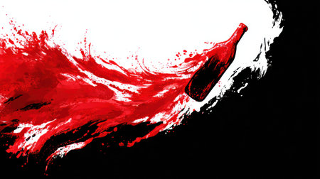 A creative splash of red wine forms the shape of a bottle, set against a contrasting black backdrop. The dynamic movement captures attention.の素材