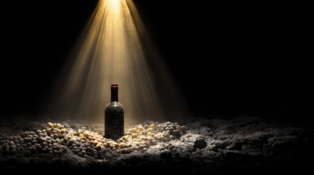 A wine bottle stands partially buried in fresh grapes as a golden spotlight illuminates it from above, creating a captivating scene in a dark setting.の素材