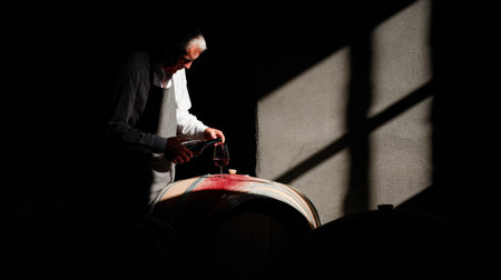 In a dim cellar, a winemaker carefully pours wine from a barrel, casting dramatic shadows across the stone walls.の素材