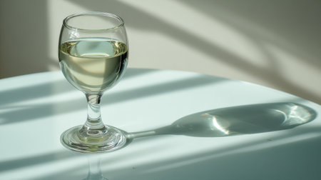 A transparent wine glass sits elegantly on a polished white table while soft light creates subtle reflections and gentle shadows around.の素材