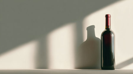 A wine bottle stands alone against a white wall, creating a gentle shadow with a gradient appearance, emphasizing simplicity and elegance.の素材